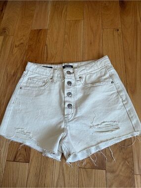 Button-Fly Off- White Distressed Denim Shorts Size 0